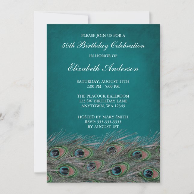 Tarjetas de Invitación Elegantes de Pavo Real para (Anverso)
