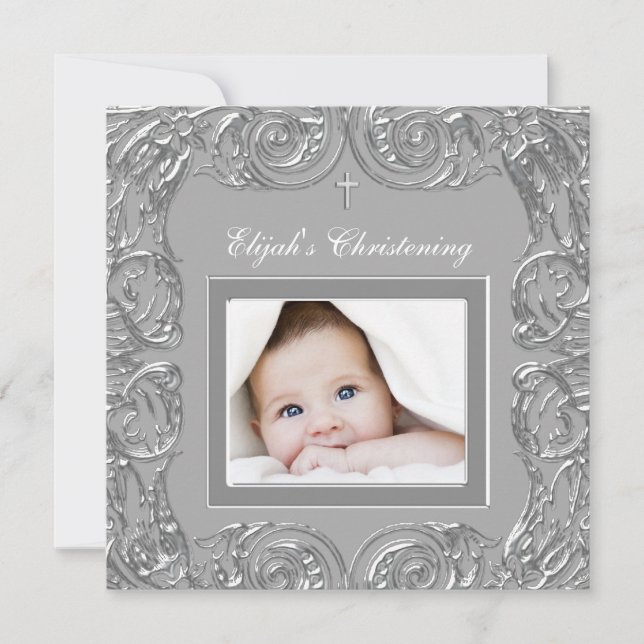 Tarjetas de Invitación Elegantes Grises para Bauti (Anverso)