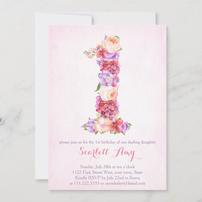 tarjetas de invitación floral de primer cumpleaños (Anverso)