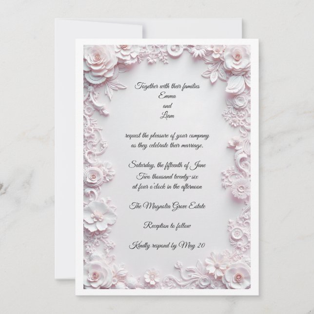 Tarjetas de Invitación Florales y de Encaje de Mar (Anverso)