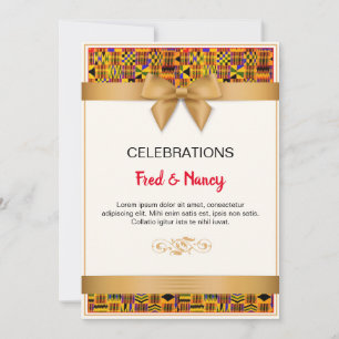 Tarjetas de invitación Kente con cinta de oro.