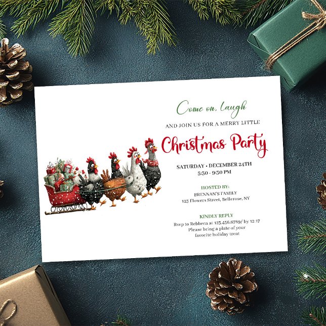 Tarjetas de Invitación Modernas para Fiestas Navid (Whimsical Cartoon Chickens Modern Holiday Invitation)