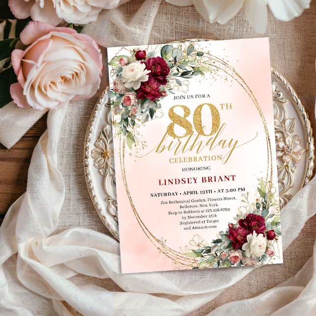 Tarjetas de Invitación para 80 Cumpleaños con Flor (Rustic Burgundy Boho Flowers 80th Birthday Invitation)