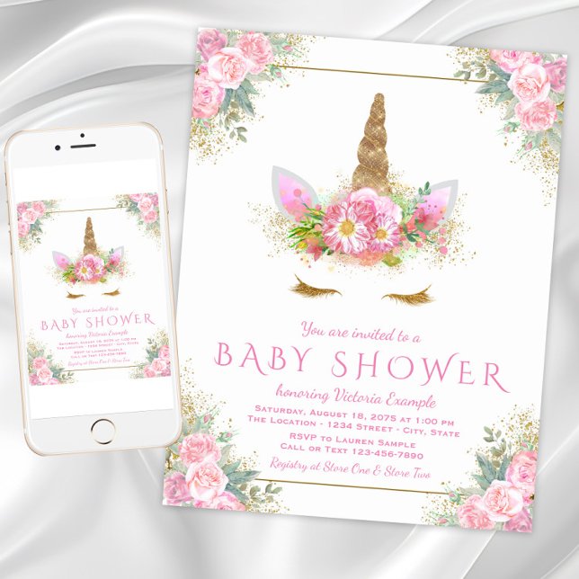 Tarjetas de Invitación para Baby Shower con Cara d (Cute pink gold unicorn baby shower invitation. Instant download and printed invitations available.)