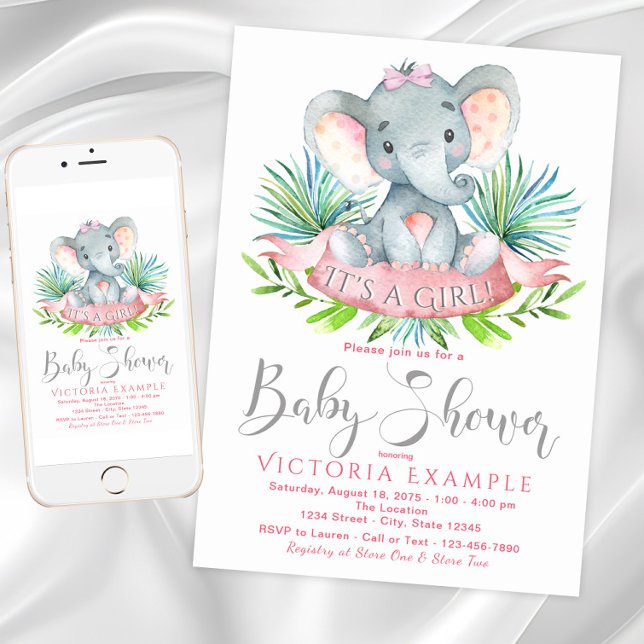 Tarjetas de Invitación para Baby Shower de Elefant (Girl elephant baby shower invitation with adorable baby elephant with bow. Digital and printed.)
