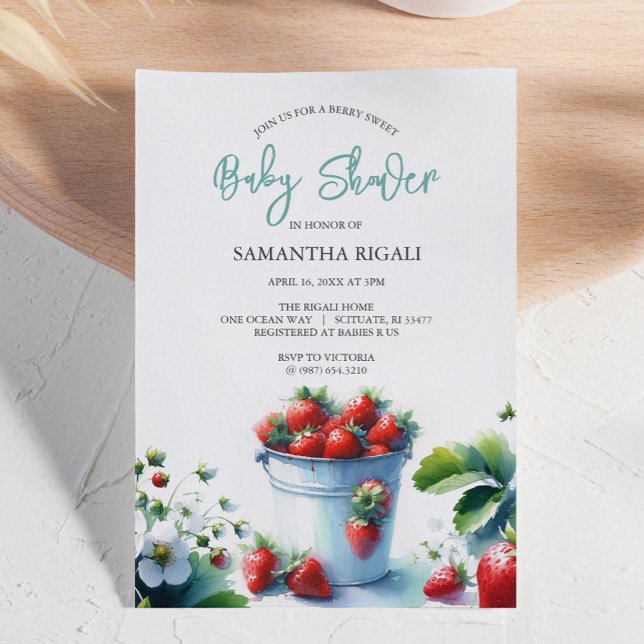 Tarjetas de Invitación para Baby Shower de Fresa e (Strawberry baby shower invitations features a retro watercolor tin pint of strawberries DoTellABelle)