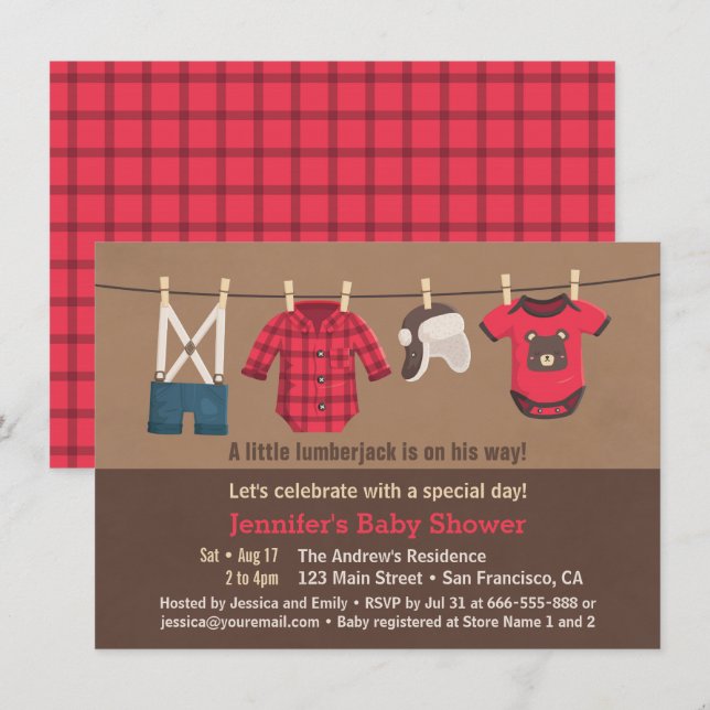 Tarjetas de Invitación para Baby Shower de Leñador (Anverso / Reverso)