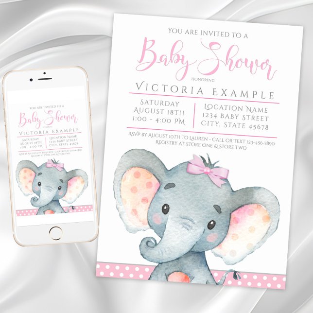 Tarjetas de Invitación para Baby Shower de Niña co (Girls Elephant Baby Shower Invitations. Instant download and printed invitations available.)