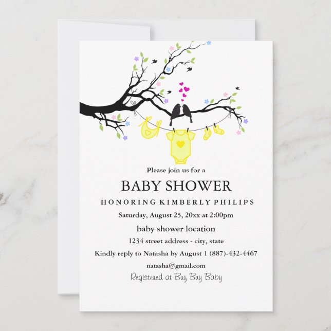 Tarjetas de Invitación para Baby Shower de Pájaros (Anverso)