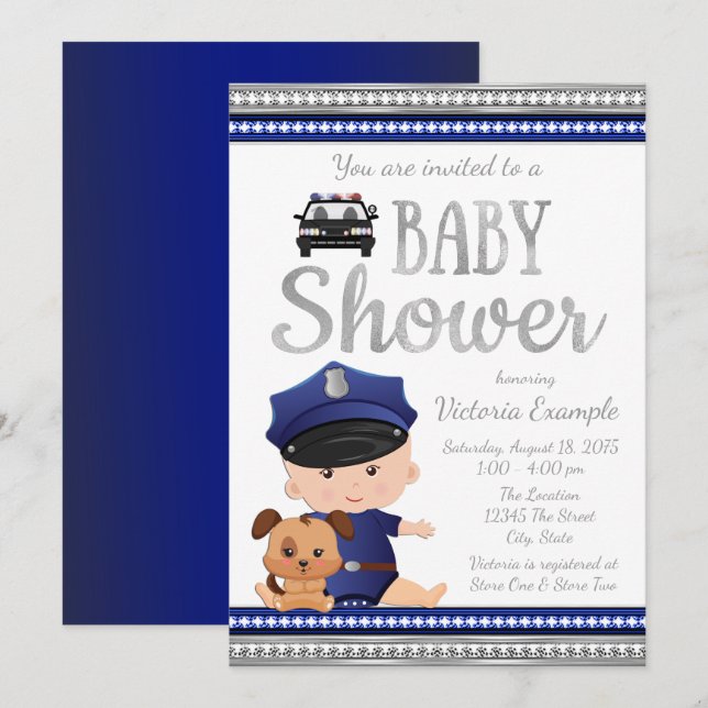 Tarjetas de Invitación para Baby Shower de Policía (Anverso / Reverso)