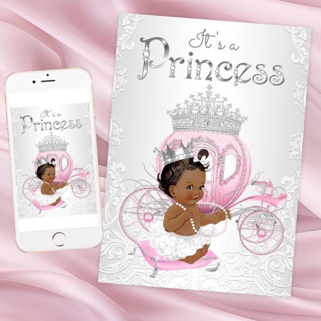 Tarjetas de Invitación para Baby Shower de Princes (African American princess baby shower invitation. Pink silver princess. Instant download and printed)
