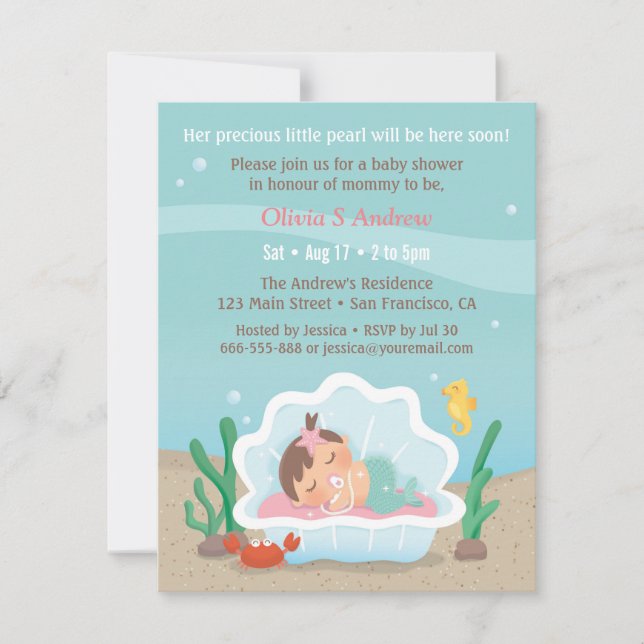 Tarjetas de Invitación para Baby Shower de Sirena  (Anverso)