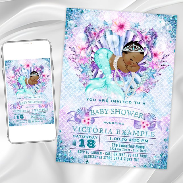 Tarjetas de Invitación para Baby Shower de Sirena  (Cute mermaid baby shower invitation. Instant download and printed invitations available.)