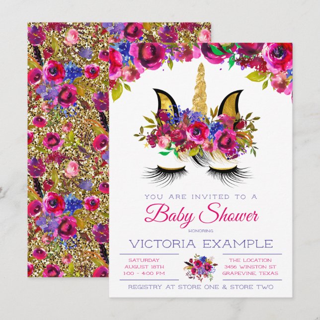 Tarjetas de Invitación para Baby Shower de Unicorn (Anverso / Reverso)
