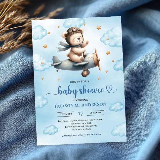 Tarjetas de Invitación para Baby Shower del Oso de (Cute Teddy Bear Pilot Blue Gold Boy Shower Invitation

)