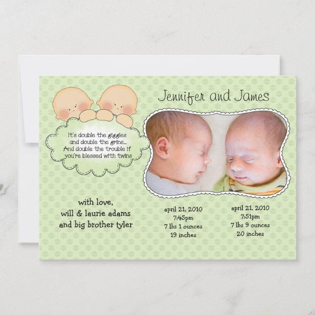 Tarjetas de Invitación para bebés gemelas (Anverso)