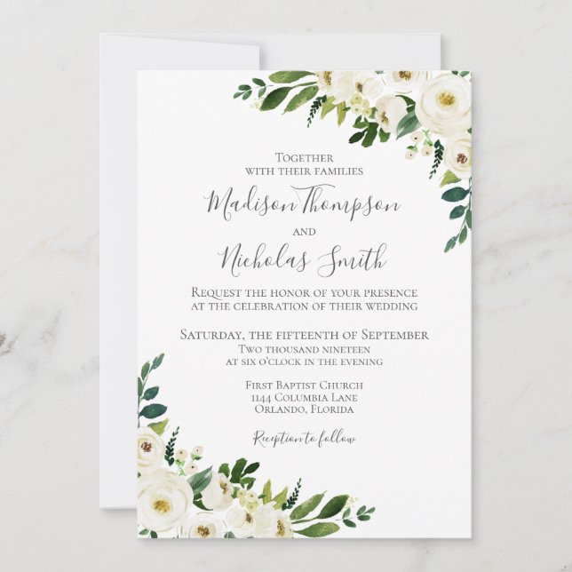Tarjetas de invitación para bodas de flores blanca (Anverso)