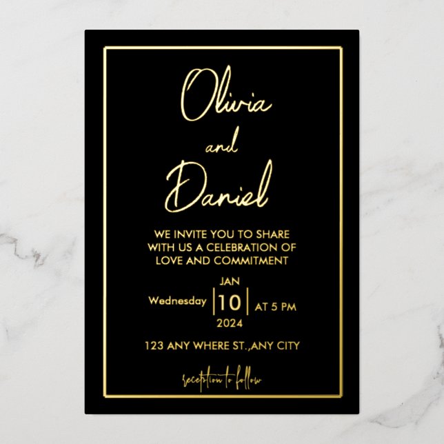 Tarjetas de invitación para bodas en negro y oro (Anverso)