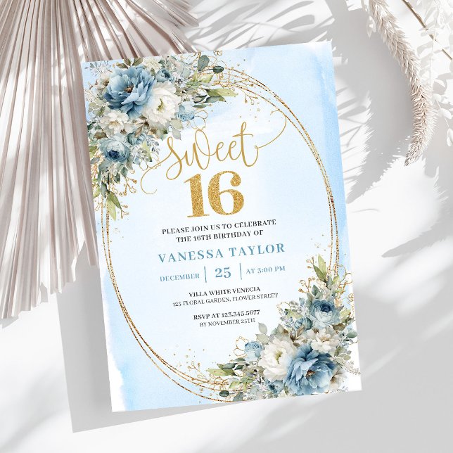 Tarjetas de Invitación para Cumpleaños 16 Chic Dus (Chic Dusty Blue Floral Sweet 16th Birthday Invitation)