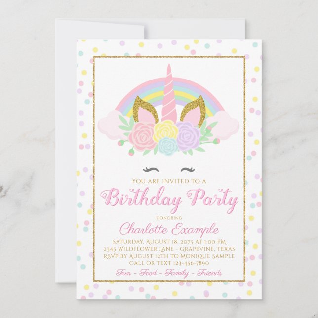 Tarjetas de Invitación para Cumpleaños de Unicorni (Anverso)