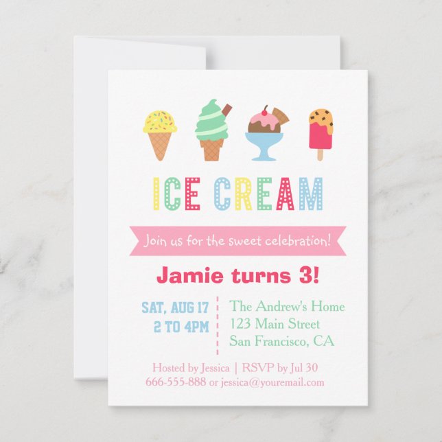 Tarjetas de Invitación para Fiesta de Helado Dulce (Anverso)