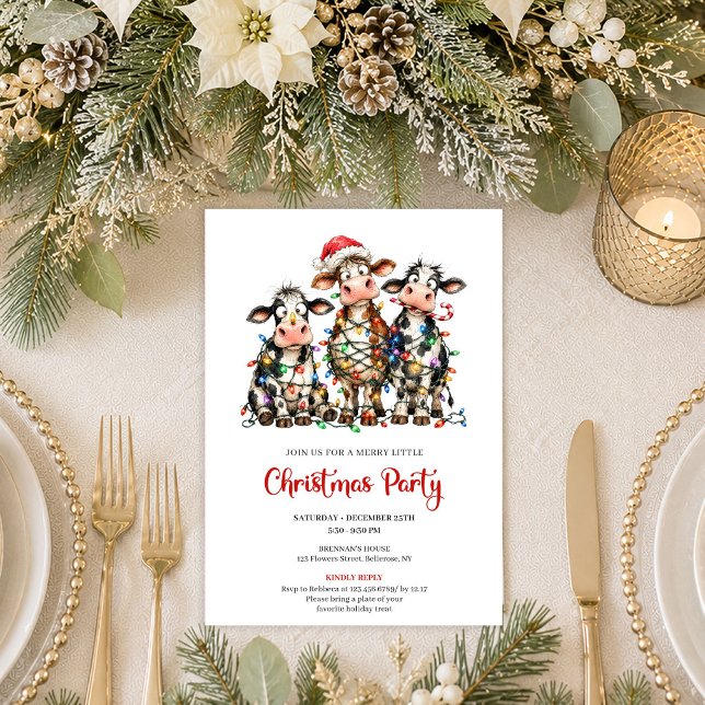 Tarjetas de Invitación para Fiesta de Navidad con  (Modern Funny Cows Cartoon Christmas Party Invitation Art

)