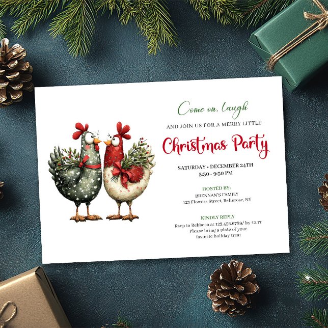 Tarjetas de Invitación para Fiesta de Navidad de P (Whimsical Chickens Cartoon Christmas Party Invitation)