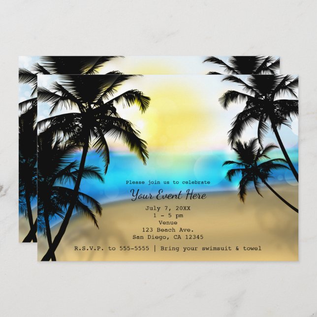 Tarjetas de invitación para fiesta de playa tropic (Anverso / Reverso)