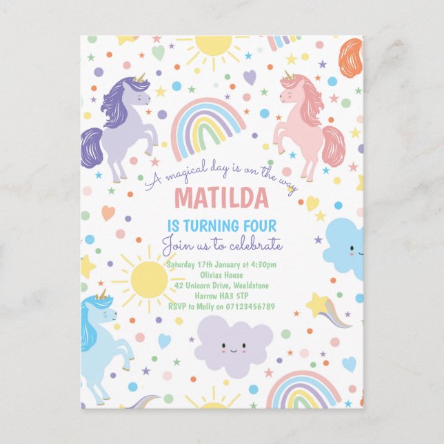 Tarjetas de Invitación para Fiesta de Unicornios P (Anverso)