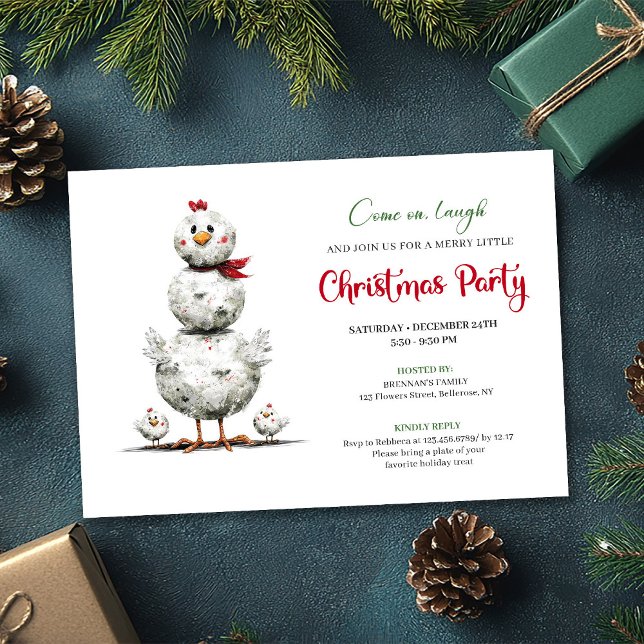 Tarjetas de Invitación para Fiesta Navideña con Ga (Whimsical Cartoon Chickens Holiday Party Invitation)