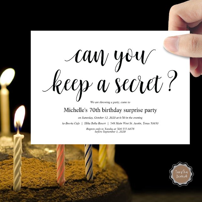 Tarjetas de invitación para fiestas sorpresa de cu (Can you keep a secret ?  Surprise Birthday invitation card, pdf, modern script, in black and white)