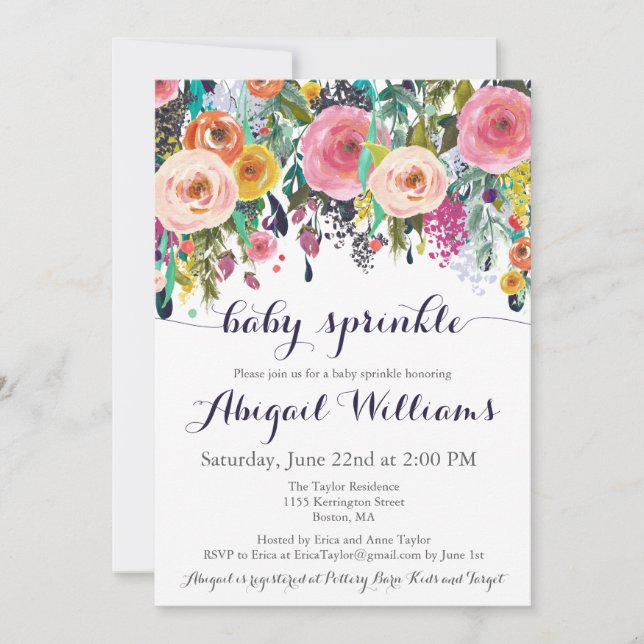 Tarjetas de invitación para rociar bebé con flores (Anverso)