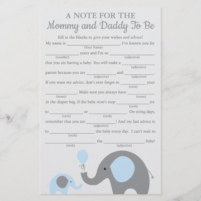 Tarjetas de juego Baby Shower Advance para Elephan (Anverso)