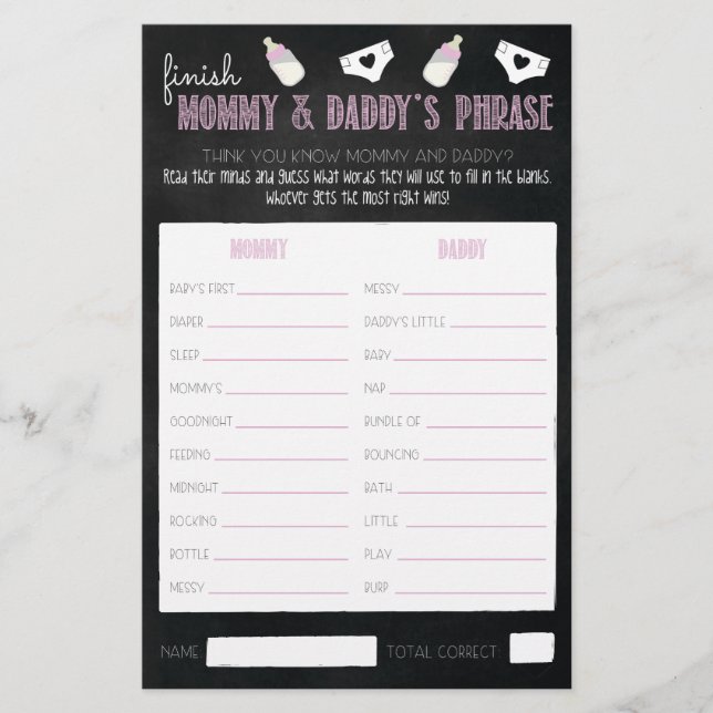 Tarjetas de juego Baby Shower para parejas (Anverso)