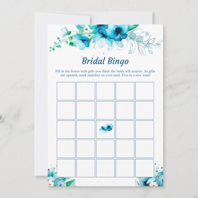 Tarjetas de juego Blue Floral Bridal Shower Bingo (Anverso)