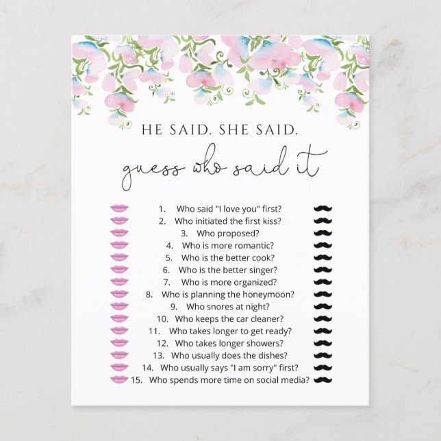 Tarjetas de Juego de Adivinanza Él Dijo Ella Dijo  (Anverso)