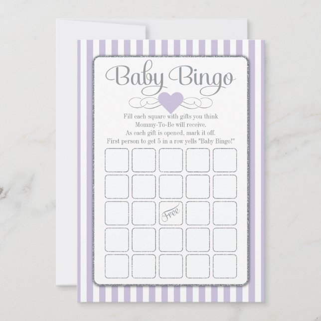 Tarjetas de juego de Baby Shower Baby Bingo Lavend (Anverso)