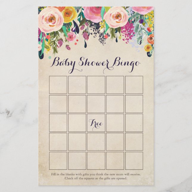 Tarjetas de juego de Bingo Baby Shower Floral, Vin (Anverso)