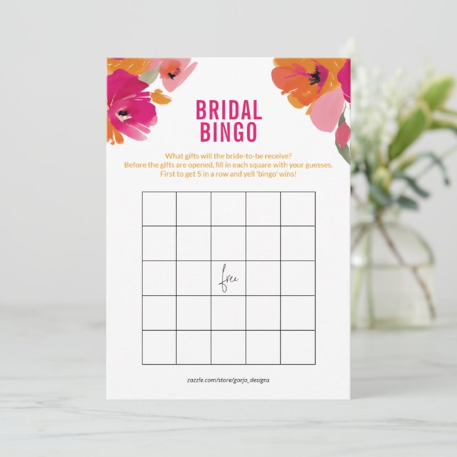 Tarjetas de juego de bingo de novia floral para du (Anverso de pie)