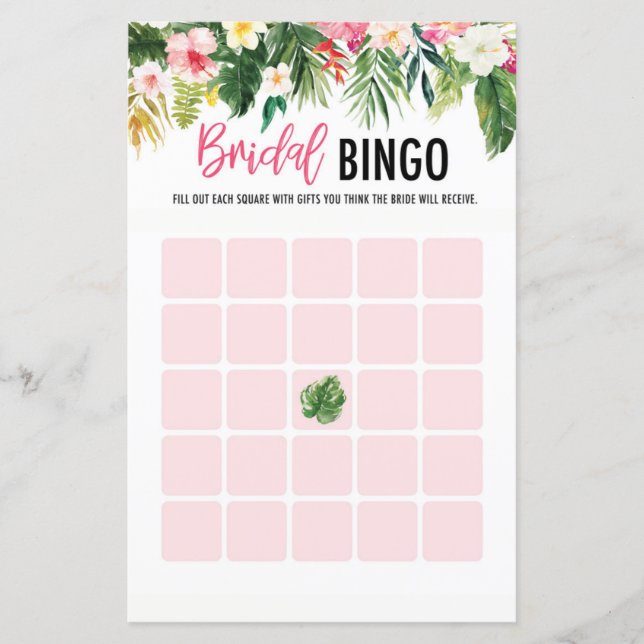 Tarjetas de juego de Bingo Tropical Bridal Shower (Anverso)