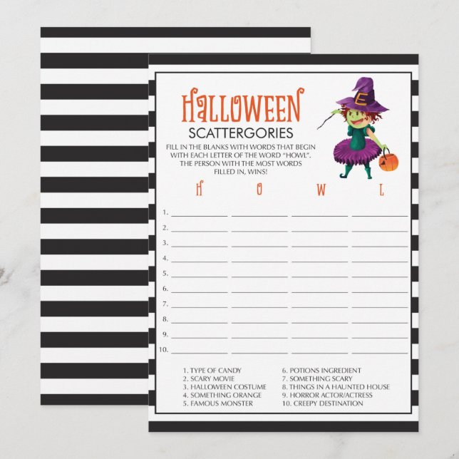 Tarjetas de juego de escatergories de Halloween co (Anverso / Reverso)