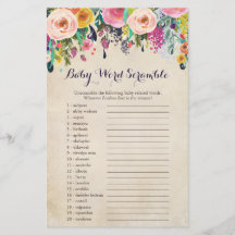 Tarjetas de juego Floral Baby Shower Word Scramble
