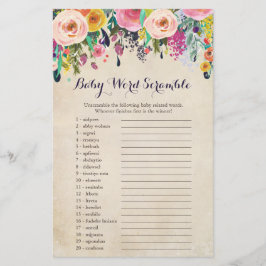 Tarjetas de juego Floral Baby Shower Word Scramble
