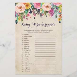 Tarjetas de juego Floral Baby Shower Word Scramble