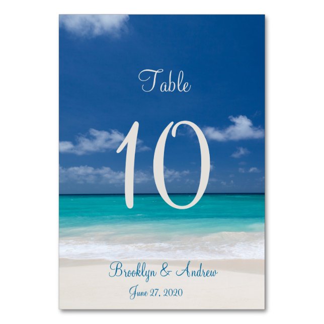 Tarjetas de la mesa de boda de la playa azul (Anverso)