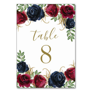 Tarjetas de la mesa del Boda de borgoña azul de la