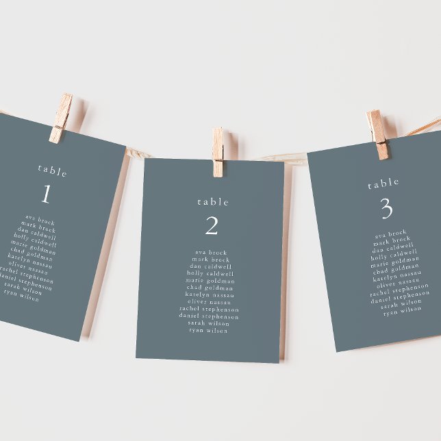 Tarjetas de la tabla de asientos del Boda mínimo a (EMELIA Blue Minimal Wedding Seating Chart Cards)