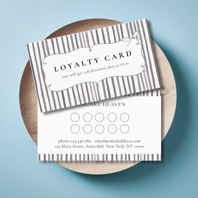 Tarjetas de Lealtad de Raya Blanca Gris con Lazo V (Gray White Stripe Vintage Bow Loyalty Cards)