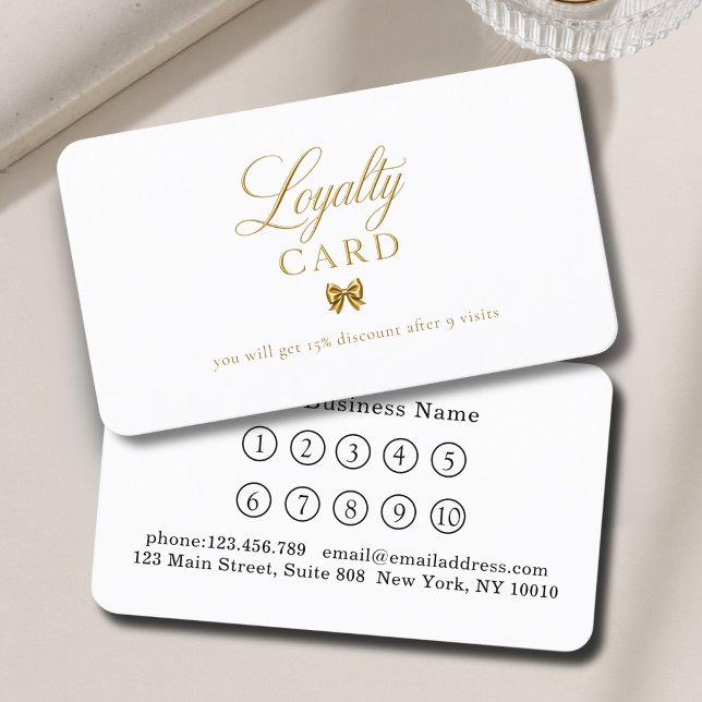 Tarjetas de Lealtad Elegantes de Arco Dorado Blanc (Elegant Bow Gold White 10 Loyalty Card)