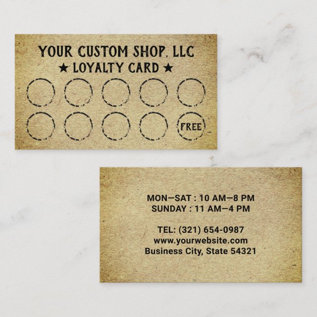 Tarjetas de Lealtad Rústicas Kraft para su Negocio (Anverso / Reverso)
